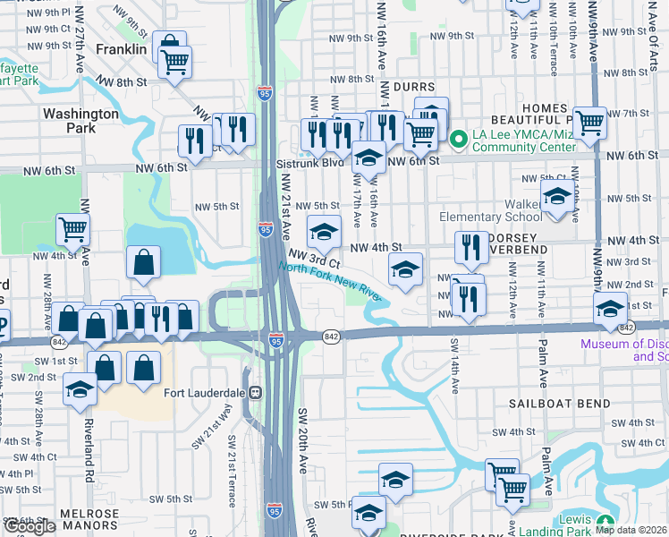 map of restaurants, bars, coffee shops, grocery stores, and more near 201 Northwest 2nd Street in Fort Lauderdale