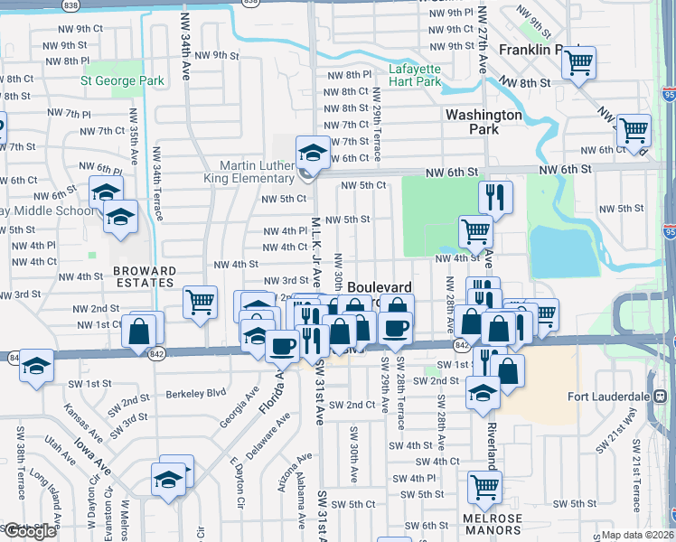 map of restaurants, bars, coffee shops, grocery stores, and more near 295 Northwest 30th Avenue in Pompano Beach