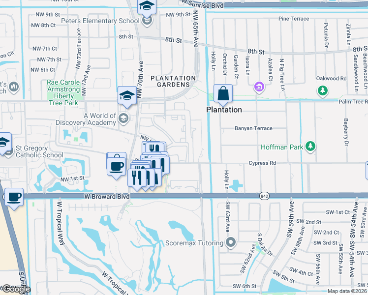 map of restaurants, bars, coffee shops, grocery stores, and more near 6701 Northwest 66th Avenue in Plantation