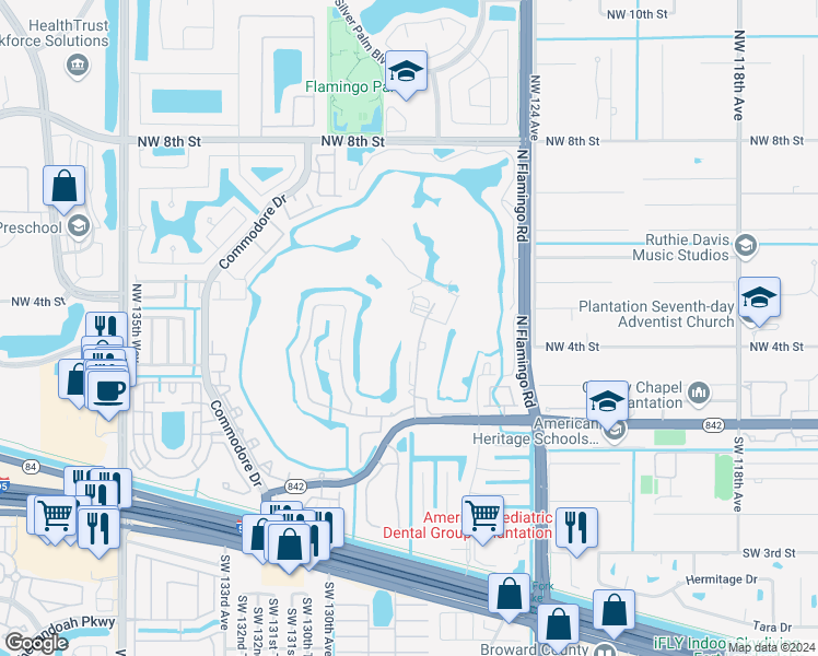 map of restaurants, bars, coffee shops, grocery stores, and more near 301 Northwest 127th Avenue in Plantation