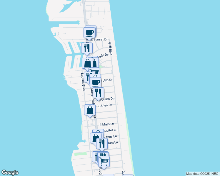 map of restaurants, bars, coffee shops, grocery stores, and more near 121A East Verna Jean Drive in South Padre Island