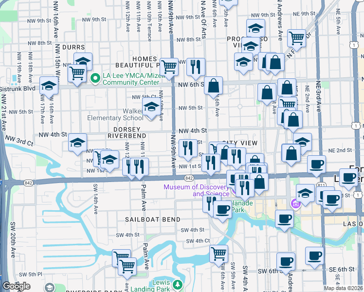 map of restaurants, bars, coffee shops, grocery stores, and more near 811 Northwest 2nd Street in Fort Lauderdale