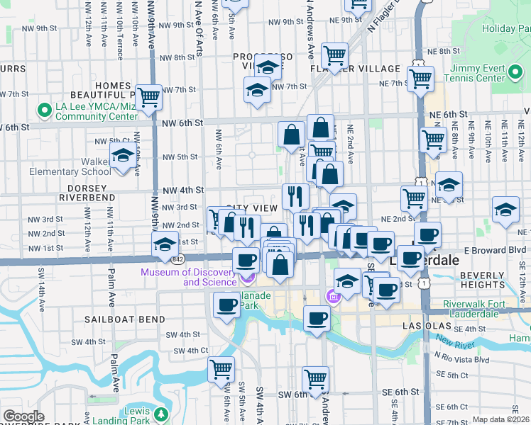 map of restaurants, bars, coffee shops, grocery stores, and more near 199 Northwest 3rd Avenue in Fort Lauderdale