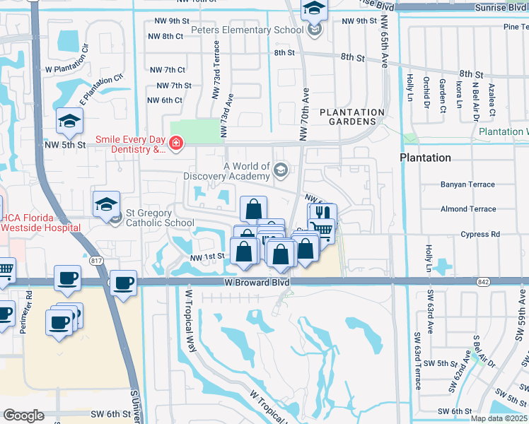 map of restaurants, bars, coffee shops, grocery stores, and more near 7050 Northwest 4th Street in Plantation