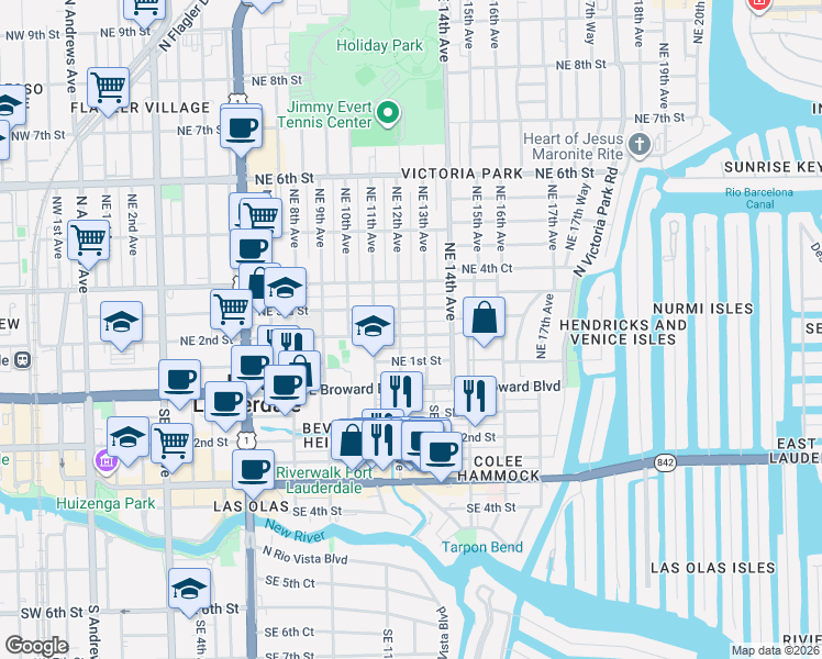 map of restaurants, bars, coffee shops, grocery stores, and more near 115 Northeast 12th Avenue in Fort Lauderdale