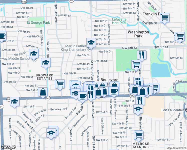 map of restaurants, bars, coffee shops, grocery stores, and more near 295 Northwest 30th Avenue in Pompano Beach