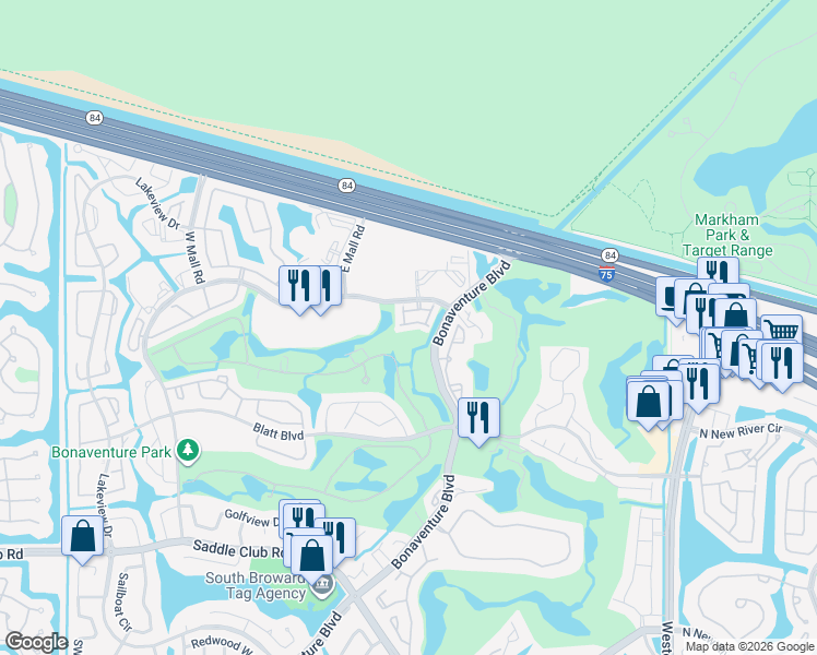map of restaurants, bars, coffee shops, grocery stores, and more near 16549 Botaniko Drive North in Weston