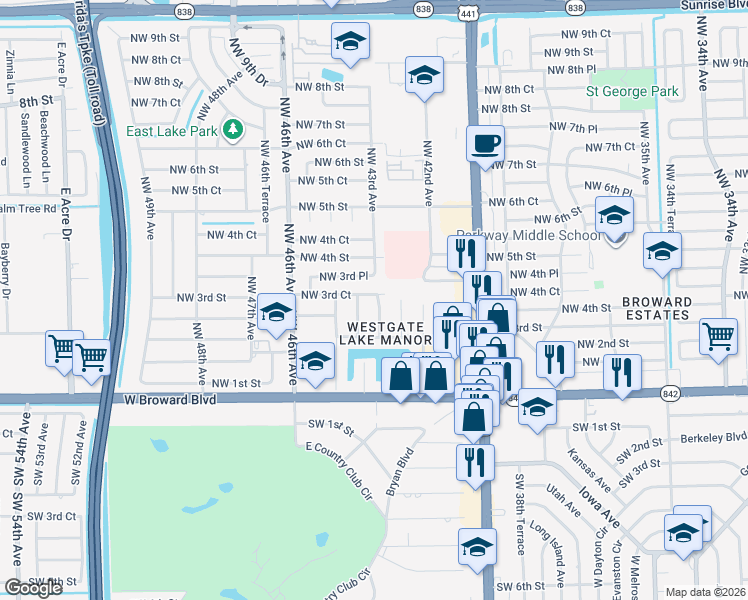map of restaurants, bars, coffee shops, grocery stores, and more near 241 Northwest 43rd Avenue in Plantation