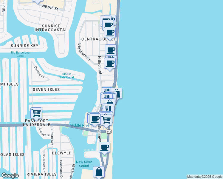 map of restaurants, bars, coffee shops, grocery stores, and more near 115 North Fort Lauderdale Beach Boulevard in Fort Lauderdale