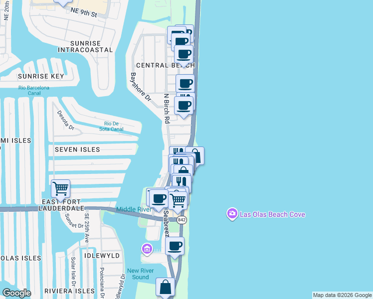 map of restaurants, bars, coffee shops, grocery stores, and more near 115 North Fort Lauderdale Beach Boulevard in Fort Lauderdale