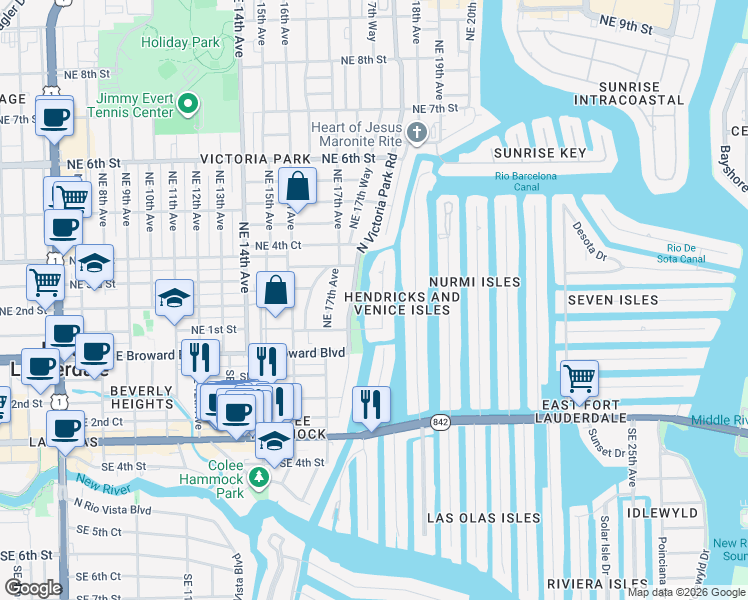 map of restaurants, bars, coffee shops, grocery stores, and more near 1737 Northeast 1st Street in Fort Lauderdale