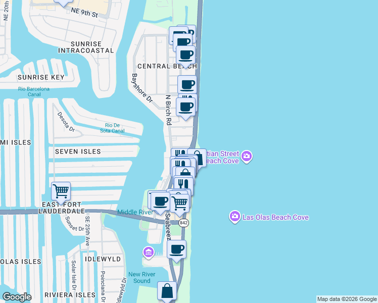 map of restaurants, bars, coffee shops, grocery stores, and more near 115 North Fort Lauderdale Beach Boulevard in Fort Lauderdale