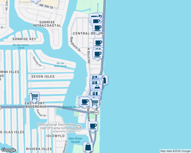 map of restaurants, bars, coffee shops, grocery stores, and more near 115 North Fort Lauderdale Beach Boulevard in Fort Lauderdale