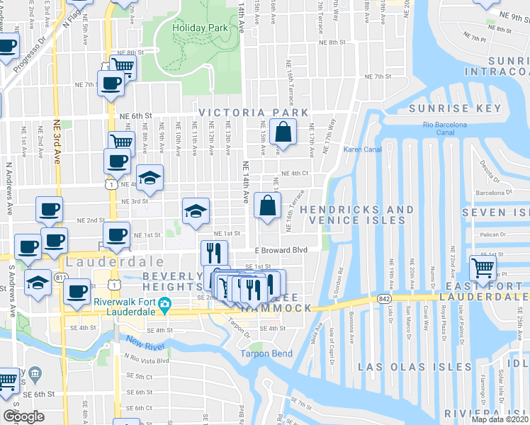 map of restaurants, bars, coffee shops, grocery stores, and more near in Fort Lauderdale