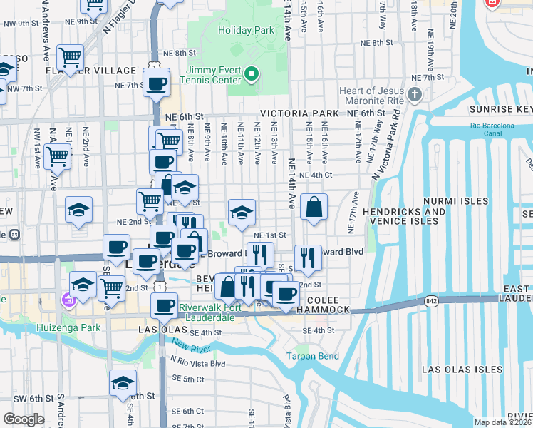 map of restaurants, bars, coffee shops, grocery stores, and more near 115 Northeast 12th Avenue in Fort Lauderdale