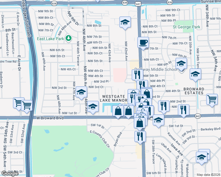 map of restaurants, bars, coffee shops, grocery stores, and more near 241 Northwest 43rd Avenue in Plantation