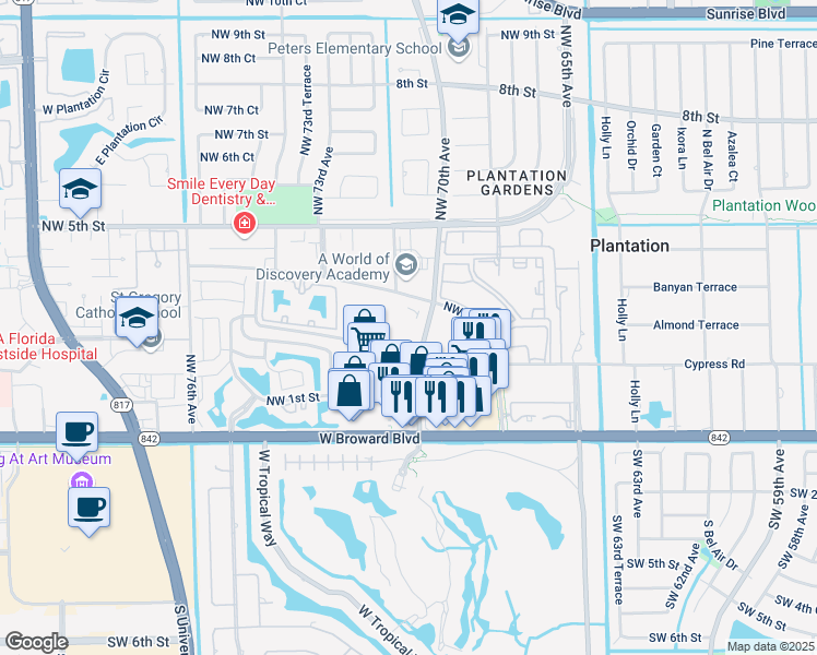 map of restaurants, bars, coffee shops, grocery stores, and more near 7050 Northwest 4th Street in Plantation