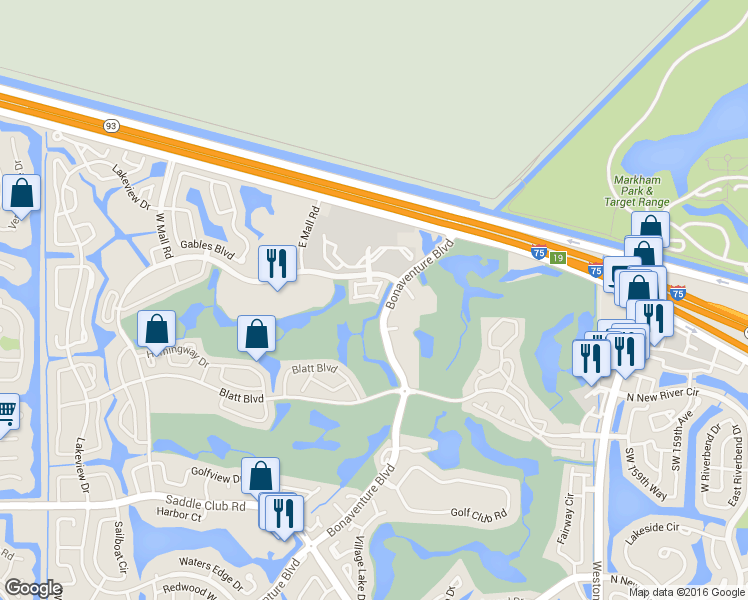 map of restaurants, bars, coffee shops, grocery stores, and more near 100 Bonaventure Boulevard in Weston