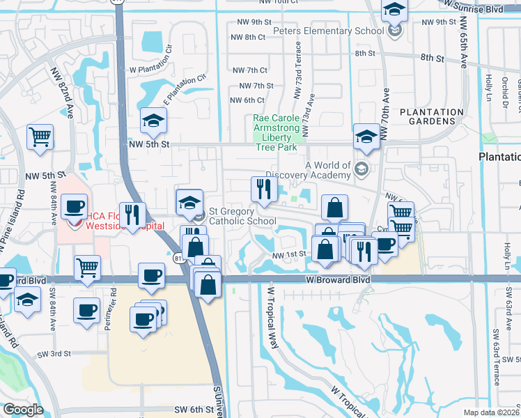 map of restaurants, bars, coffee shops, grocery stores, and more near 7481 Northwest 1st Place in Plantation