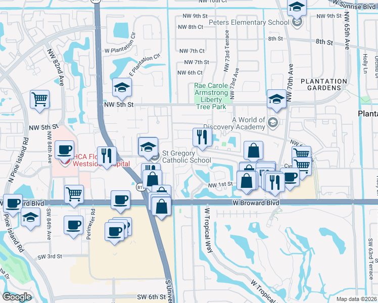 map of restaurants, bars, coffee shops, grocery stores, and more near 7481 Northwest 1st Place in Plantation