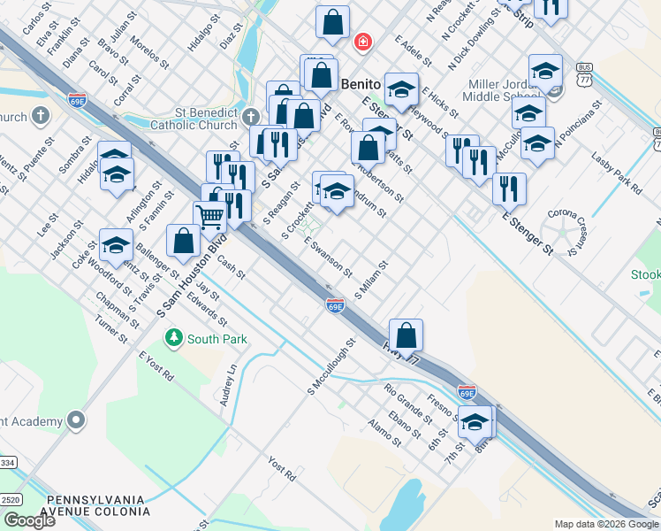 map of restaurants, bars, coffee shops, grocery stores, and more near 690 South Bonham Street in San Benito