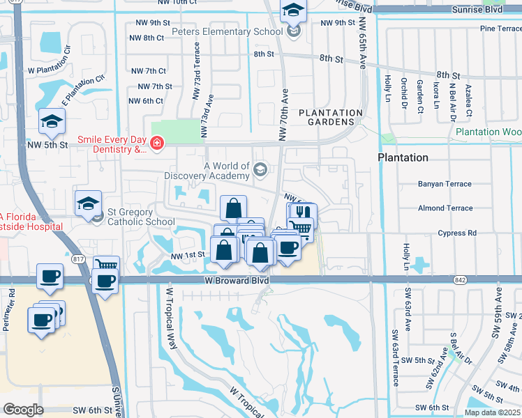 map of restaurants, bars, coffee shops, grocery stores, and more near 7050 Northwest 4th Street in Plantation