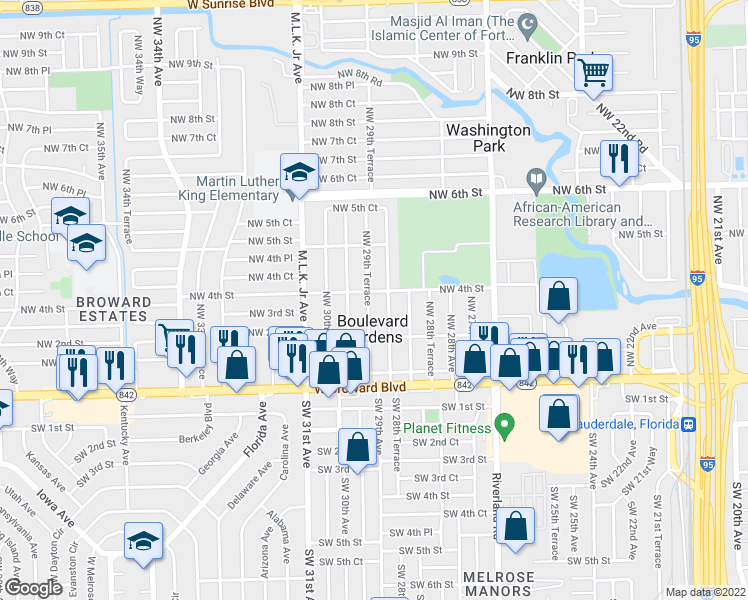 map of restaurants, bars, coffee shops, grocery stores, and more near in Boulevard Gardens