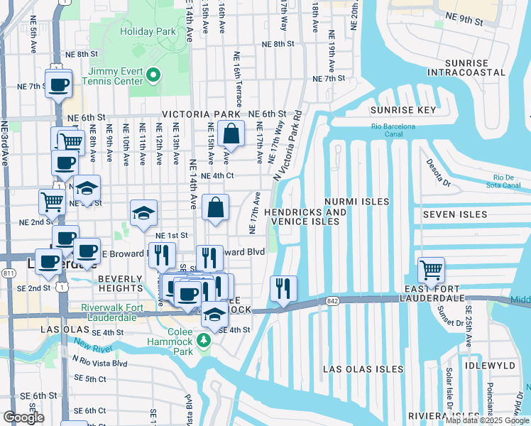 map of restaurants, bars, coffee shops, grocery stores, and more near 309 Northeast 17th Avenue in Fort Lauderdale