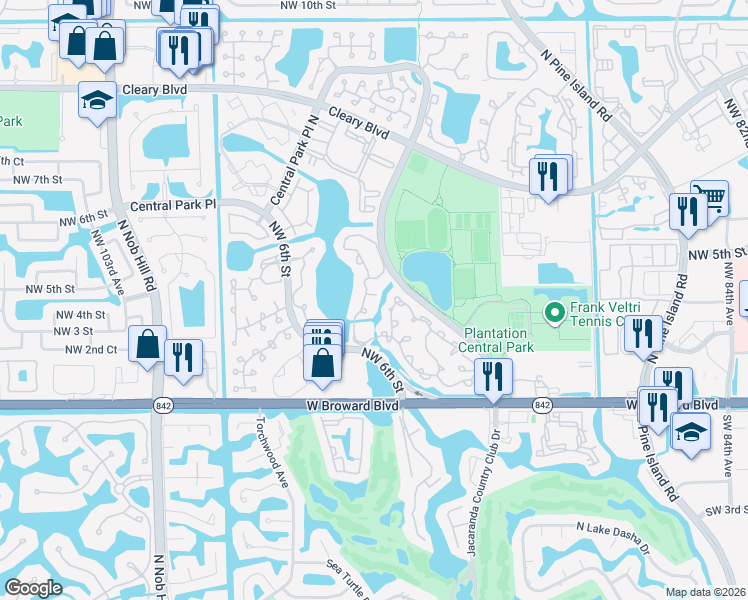map of restaurants, bars, coffee shops, grocery stores, and more near 352 Northwest 94th Terrace in Plantation