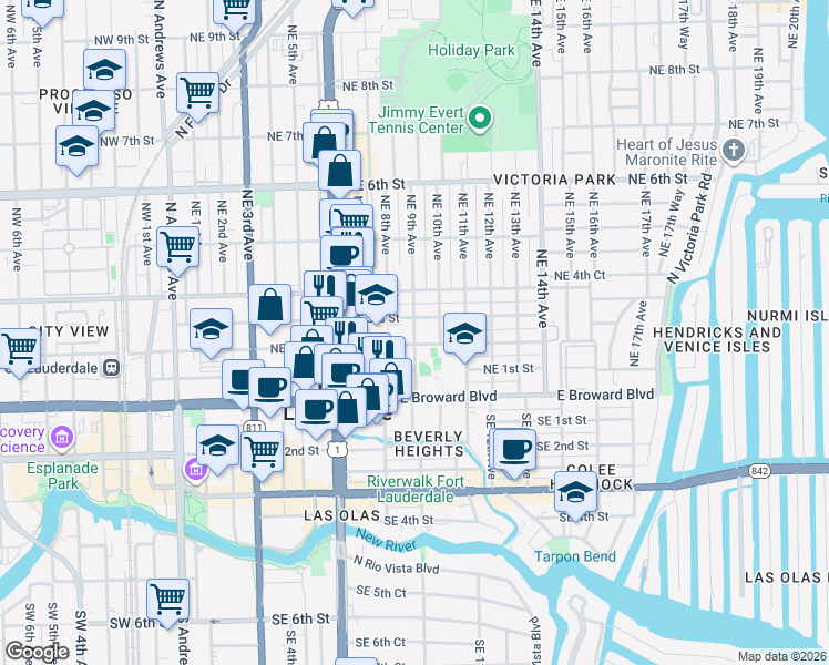 map of restaurants, bars, coffee shops, grocery stores, and more near 242 Northeast 9th Avenue in Fort Lauderdale