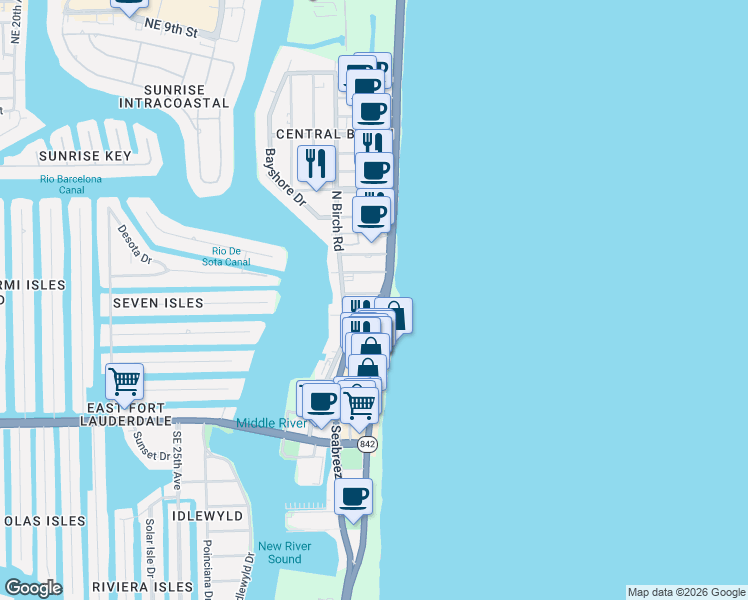 map of restaurants, bars, coffee shops, grocery stores, and more near 3024 Seville Street in Fort Lauderdale