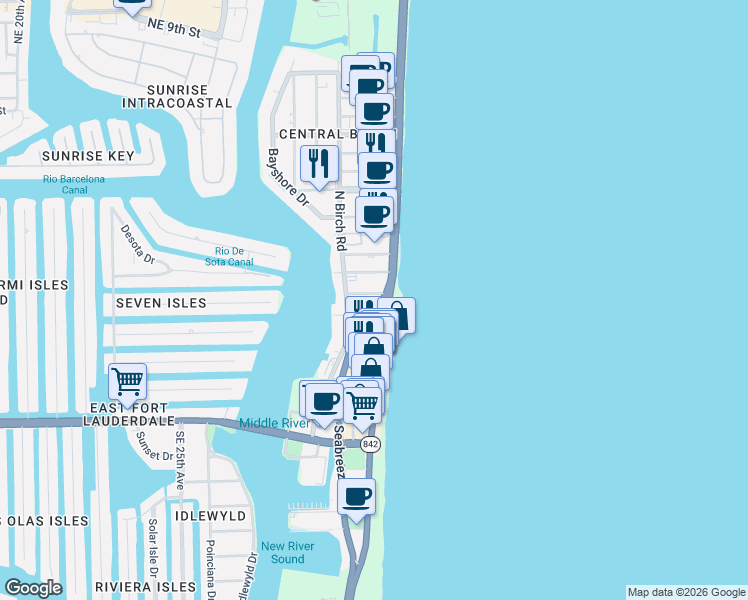 map of restaurants, bars, coffee shops, grocery stores, and more near 3024 Seville Street in Fort Lauderdale