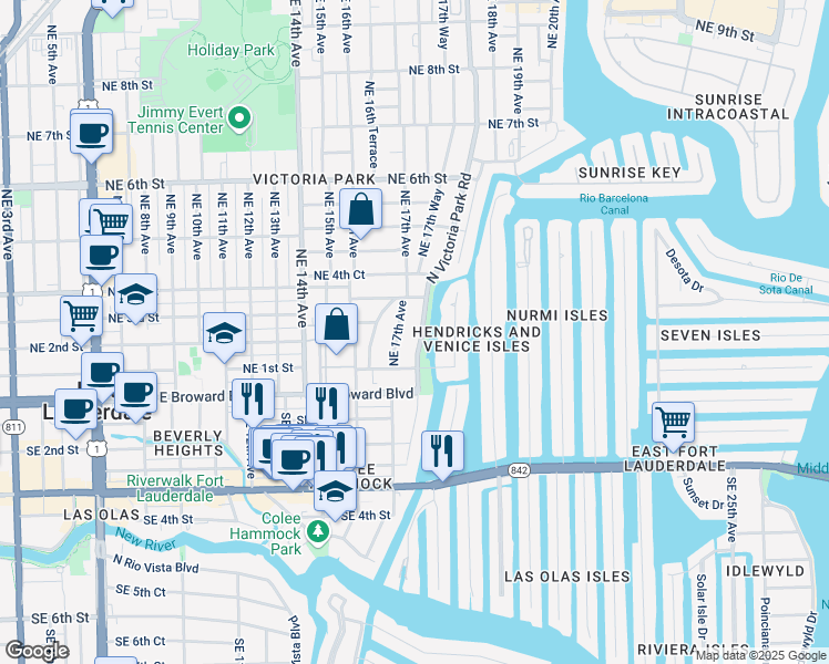 map of restaurants, bars, coffee shops, grocery stores, and more near 309 Northeast 17th Avenue in Fort Lauderdale