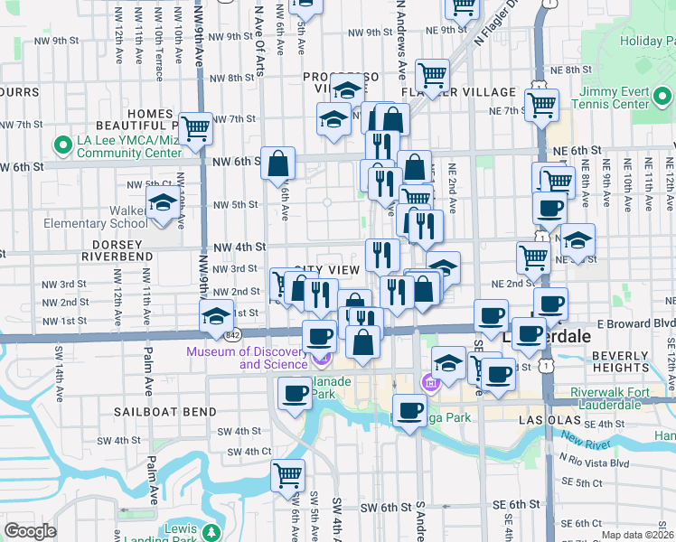 map of restaurants, bars, coffee shops, grocery stores, and more near 334 City View Drive in Fort Lauderdale