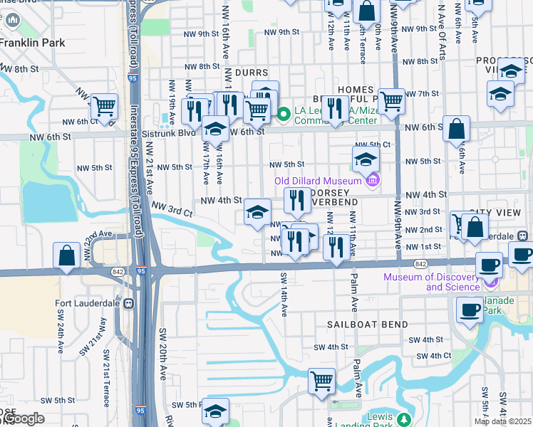 map of restaurants, bars, coffee shops, grocery stores, and more near 1448 Northwest 4th Street in Fort Lauderdale