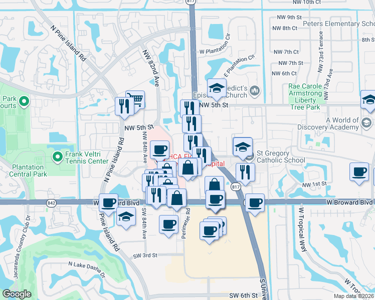 map of restaurants, bars, coffee shops, grocery stores, and more near 281 North University Drive in Plantation
