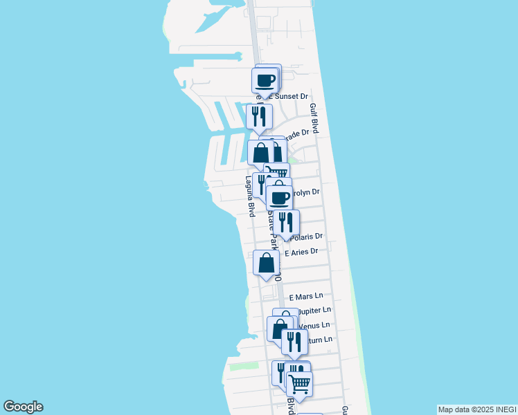 map of restaurants, bars, coffee shops, grocery stores, and more near 107 West Carolyn Drive in South Padre Island
