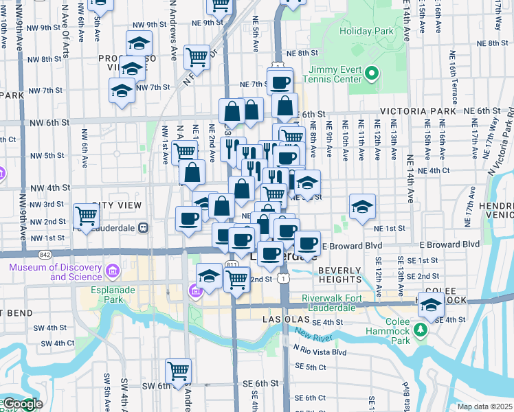 map of restaurants, bars, coffee shops, grocery stores, and more near 405 Northeast 2nd Street in Fort Lauderdale