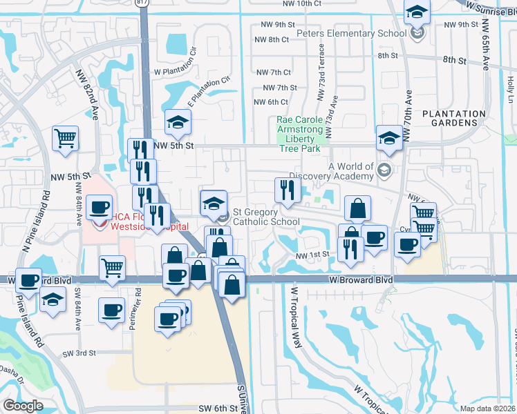 map of restaurants, bars, coffee shops, grocery stores, and more near 226 Northwest 75th Way in Plantation