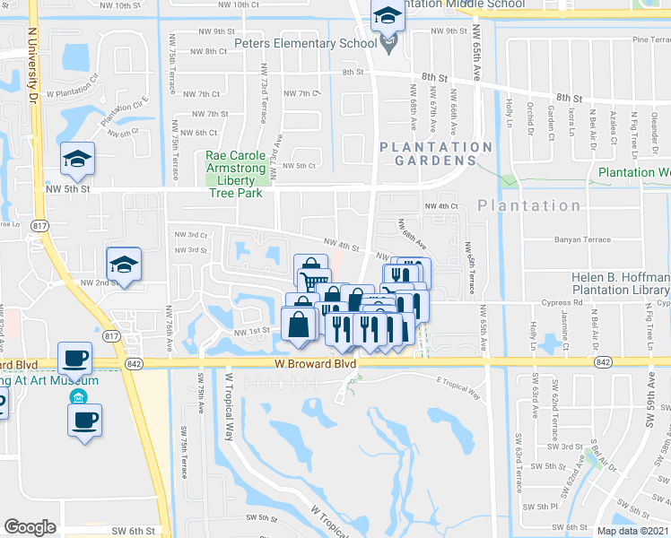 map of restaurants, bars, coffee shops, grocery stores, and more near 7050 Northwest 4th Street in Plantation