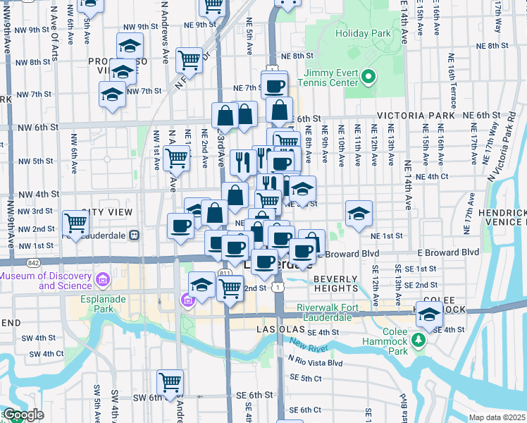map of restaurants, bars, coffee shops, grocery stores, and more near 516 Northeast 3rd Street in Fort Lauderdale