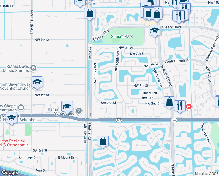 map of restaurants, bars, coffee shops, grocery stores, and more near 10857 Northwest 5th Street in Plantation
