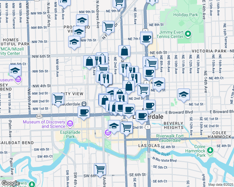 map of restaurants, bars, coffee shops, grocery stores, and more near 117 Northeast 3rd Street in Fort Lauderdale