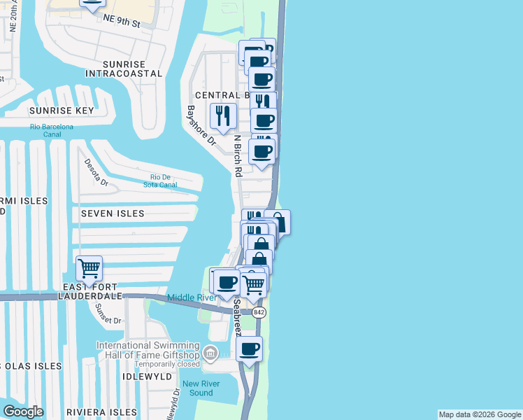 map of restaurants, bars, coffee shops, grocery stores, and more near 3024 Seville Street in Fort Lauderdale