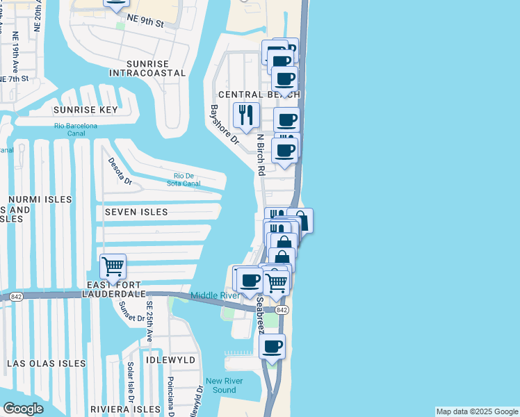map of restaurants, bars, coffee shops, grocery stores, and more near 35 Seville Street in Fort Lauderdale