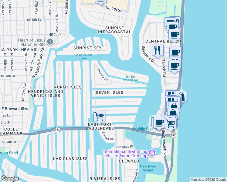 map of restaurants, bars, coffee shops, grocery stores, and more near 2412 Barcelona Drive in Fort Lauderdale