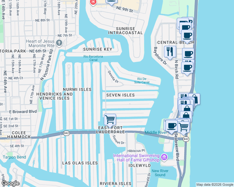 map of restaurants, bars, coffee shops, grocery stores, and more near 2412 Barcelona Drive in Fort Lauderdale