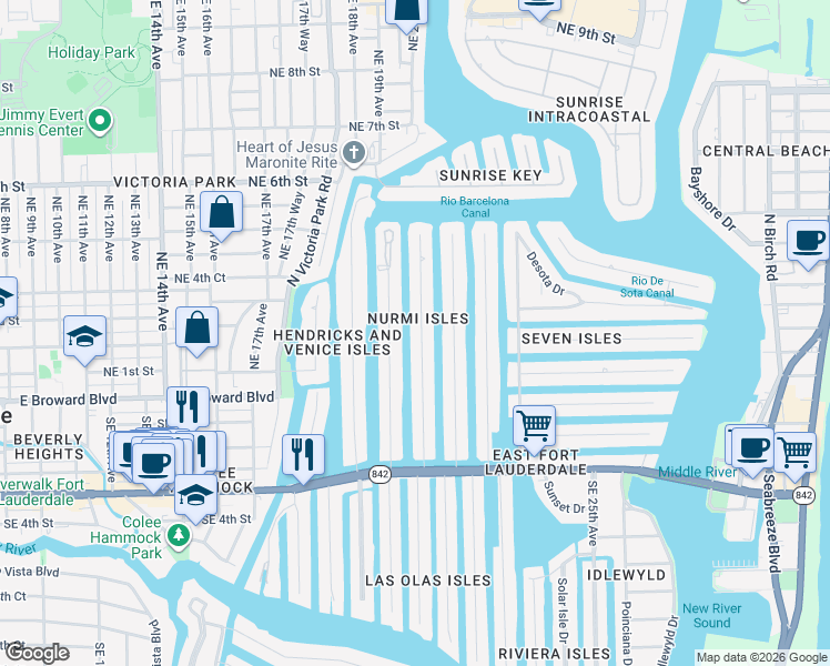 map of restaurants, bars, coffee shops, grocery stores, and more near 121 Northeast 20th Avenue in Fort Lauderdale
