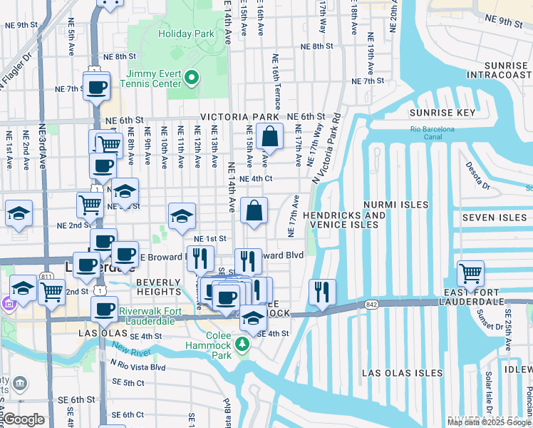 map of restaurants, bars, coffee shops, grocery stores, and more near 1619 Northeast 2nd Court in Fort Lauderdale