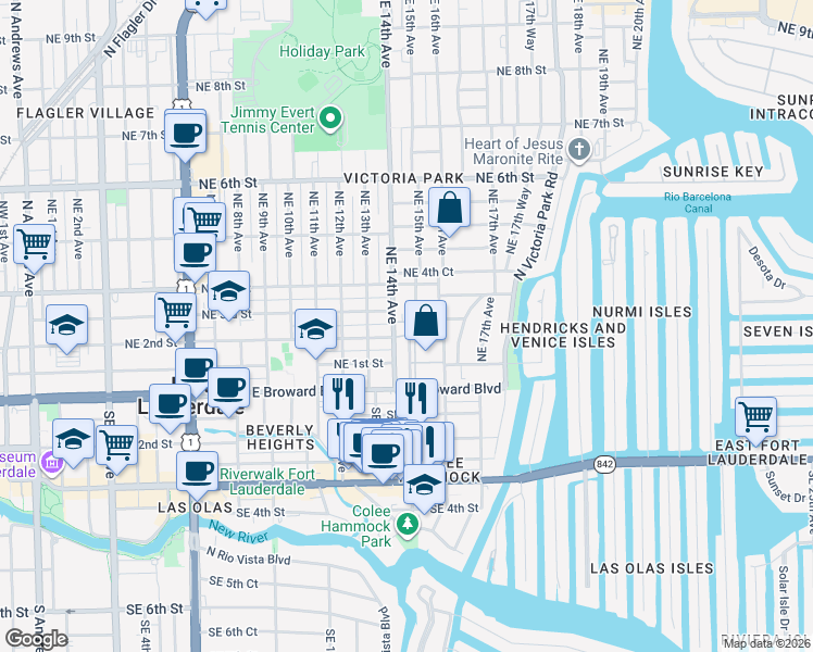 map of restaurants, bars, coffee shops, grocery stores, and more near 301 Northeast 15th Avenue in Fort Lauderdale